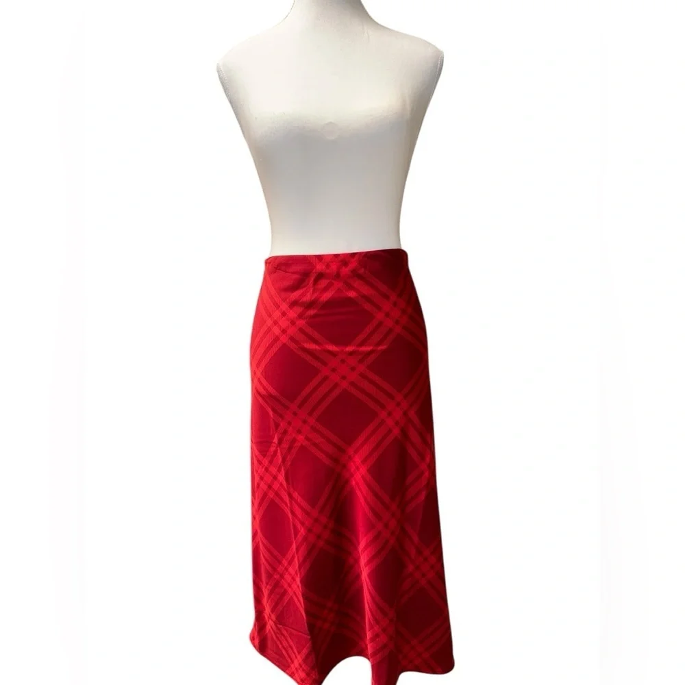 NWT- J.Crew Mid-Rise Bias-Slip Straight Midi Skirt – Red Plaid  - Size Large